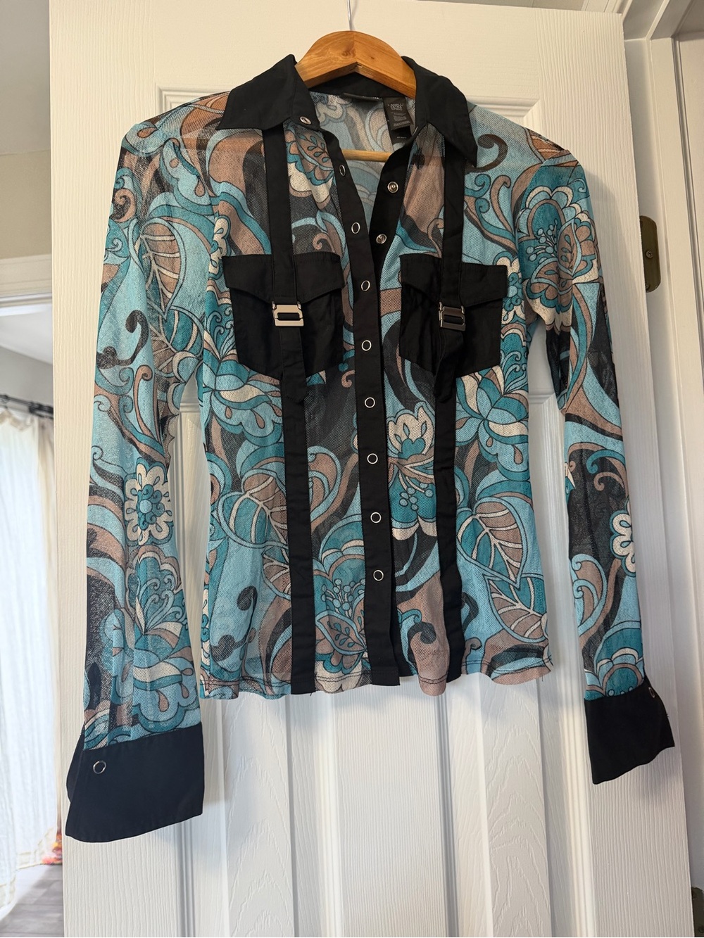 Bisou Bisou Teal and Black Sheer Paisley Button-Down Blouse